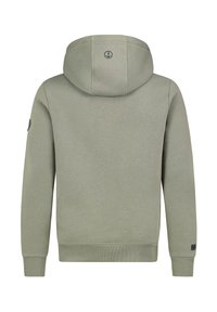 Lichtgroene hoodie met een capuchon, voorzien van ribbelboorden aan de mouwen en onderzijde. Opvallende details zijn een logo op de schouder en op de achterkant van de nek.