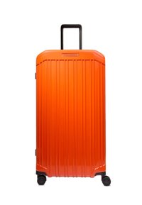 Orangener Hartschalen-Koffer mit vertikalen Rillen, schwarzen Akzenten und einem ausziehbaren Griff. Verfügt über vier Drehrollen für einfache Mobilität.