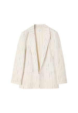 Sacou rayé în crem cu linii bleumarin, design tailored, rever în formă de U, două buzunare frontale și deschidere cu un singur nasture. Textură netedă.