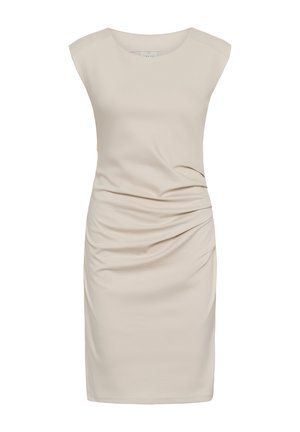 Robe beige sans manches longueur genou avec encolure ronde et drapé froncé sur un côté de la taille.