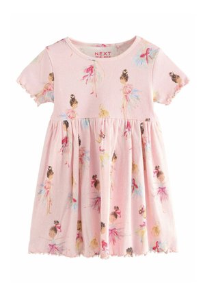 Robe rose à manches courtes pour tout-petit avec jupe froncée, décorée d'illustrations de ballerines à l’aquarelle dans différentes couleurs pastel.