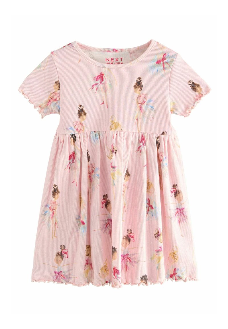 Robe rose à manches courtes pour tout-petit avec jupe froncée, décorée d'illustrations de ballerines à l’aquarelle dans différentes couleurs pastel.
