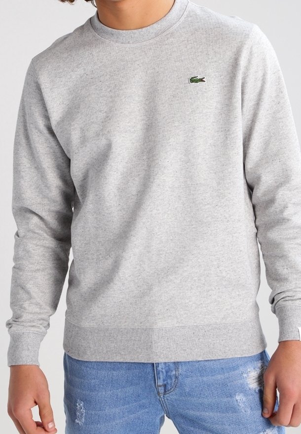 Sweat-shirt gris clair à manches longues avec poignets et ourlet côtelés, arborant un petit logo crocodile vert sur la poitrine gauche, porté avec un jean bleu.