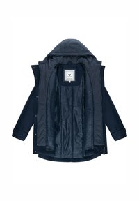 Navy outerwear jacket with a detachable hood, featuring a smooth inner lining, snap buttons, and textured fabric on the exterior.