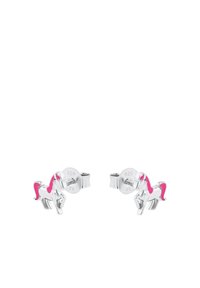 Orecchini a bottone di unicorno argentati con una criniera rosa, progettati in una forma giocosa. Ogni orecchino presenta metallo liscio con accenti in smalto.