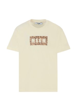 Kremowy t-shirt z bawełny, z brązowym prostokątem w leoparda z białym napisem "MSGM", krótkie rękawy oraz klasyczny okrągły dekolt.