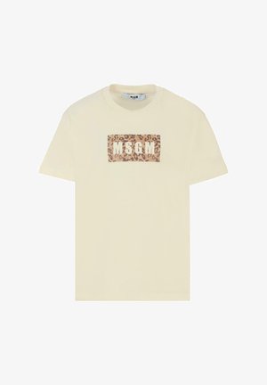 Kremowy t-shirt z bawełny, z brązowym prostokątem w leoparda z białym napisem "MSGM", krótkie rękawy oraz klasyczny okrągły dekolt.
