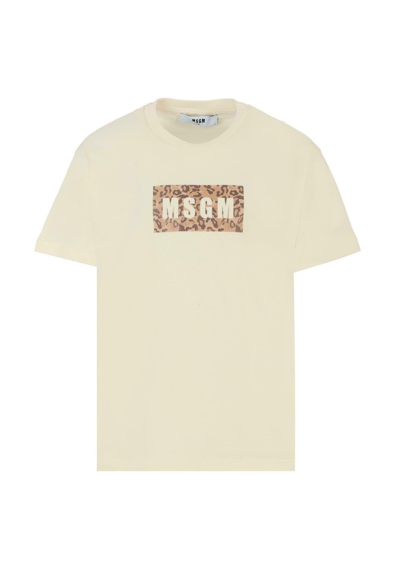 T-shirt color crema in cotone, con una rettangolo a stampa leopardata marrone e testo "MSGM" in bianco, maniche corte e scollatura classica.