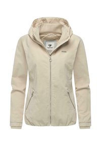 Beige letvægtsjakke med lynlås foran, justerbar hætte og to sidelommer. Glat tekstur, enkelt design og diskret logodetalje.