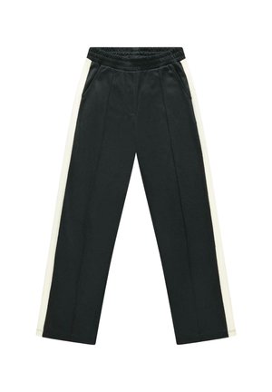 Zwarte broek met witte zijstrepen, elastische tailleband, voorzakken en rechte pijpen, plat uitgespreid op een witte achtergrond.