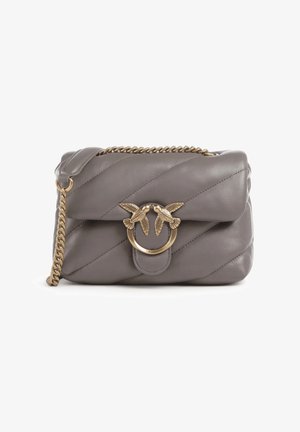 Gray quilted leather handbag with a gold chain strap and a circular clasp featuring two bird accents. Smooth texture and compact design.