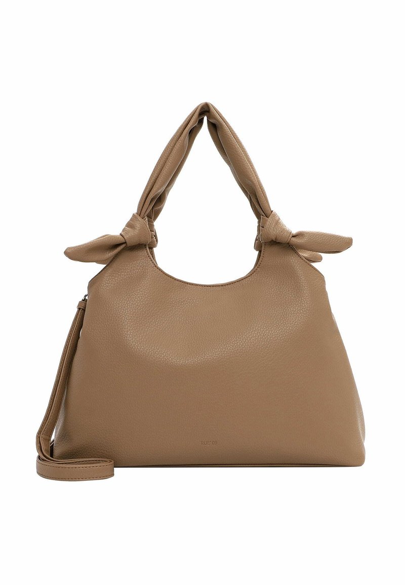 Borsa a tracolla in pelle marrone chiaro con silhouette arrotondata, manici annodati e tracolla rimovibile. Texture liscia con dettagli di grana sottile.