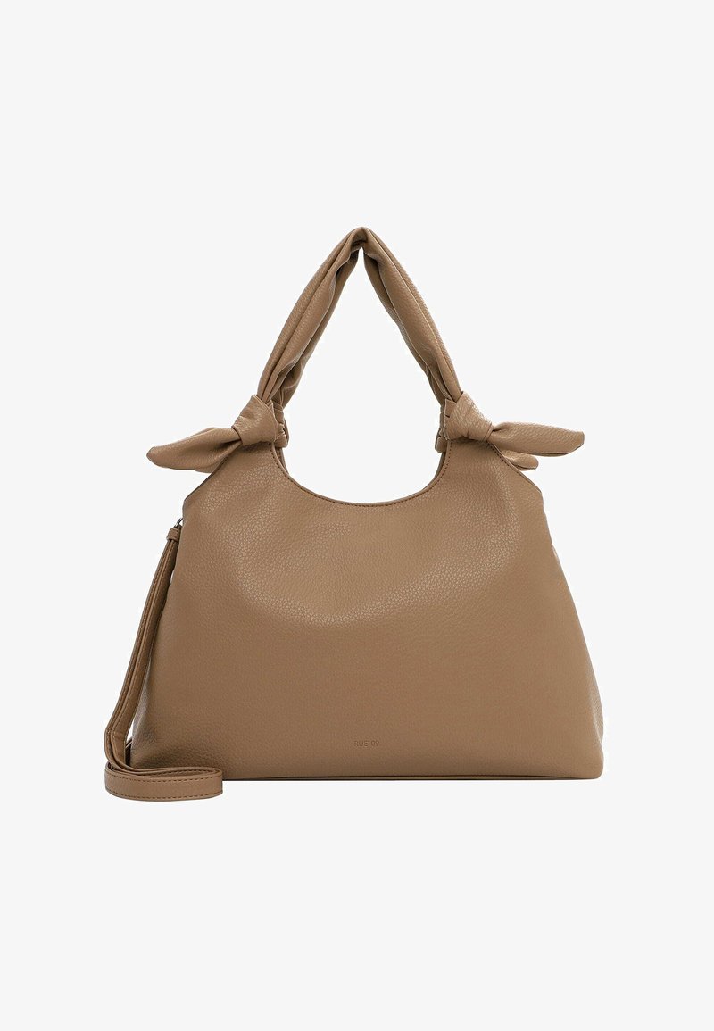 Borsa a tracolla in pelle marrone chiaro con silhouette arrotondata, manici annodati e tracolla rimovibile. Texture liscia con dettagli di grana sottile.