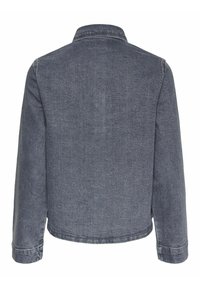 Giacca in denim di un blu scuro, con maniche lunghe, taglio dritto e colletto classico. Design sul retro semplice e pulito, privo di decorazioni.