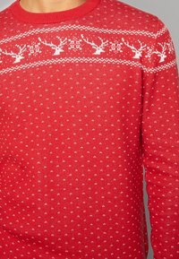 Maglione rosso a maglia con un motivo di fiocchi di neve e renne bianco sul collo, con piccoli punti bianchi che ricoprono il corpo.