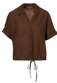 Blouse marron à manches courtes avec col, devant à boutons et taille à cordon. Équipée d'un tissu texturé pour un look décontracté.
