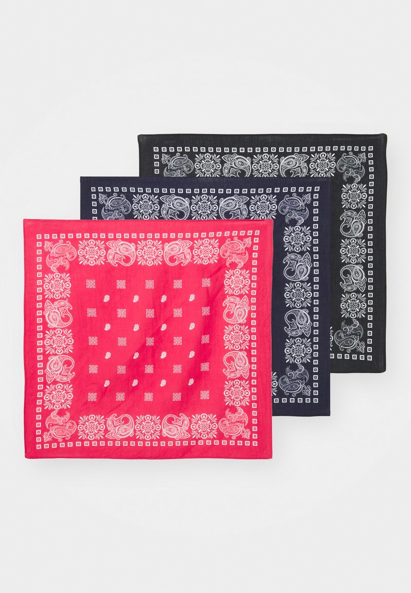Set of three bandanas: one pink with white paisley pattern, one navy blue, and one black, all featuring decorative borders and intricate designs.