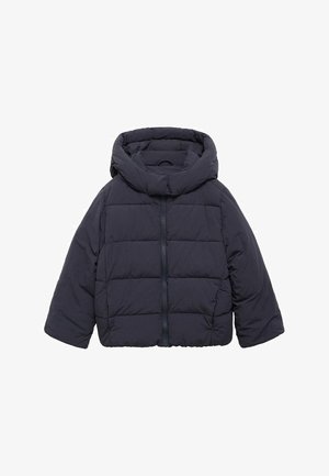 Giubbotto imbottito in blu navy scuro, con cappuccio, chiusura frontale con zip e design trapuntato. Realizzato in materiale morbido e imbottito per il calore.