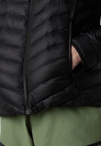 Czarna, pikowana kurtka puchowa z zamkiem błyskawicznym i bocznymi kieszeniami. Tkanina ma gładką, błyszczącą teksturę. Pod spodem widoczne są oliwkowe szorty.