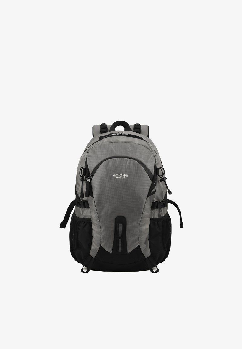 Sac à dos Aoking gris et noir avec plusieurs compartiments à fermeture éclair, poches latérales en maille, bretelles réglables et une poignée supérieure.
