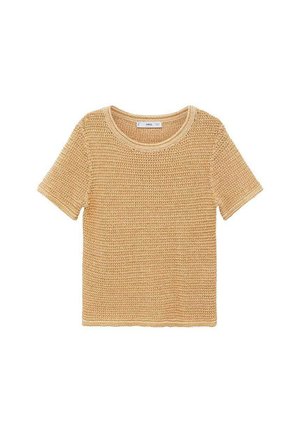 Gebreide top met korte mouwen in lichtbeige, met een ronde hals en een gestructureerde weving. Casual pasvorm met minimale naden en zonder versieringen.
