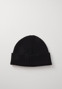 Black knit beanie with ribbed texture and a folded cuff. Material appears soft and elastic, suited for cold weather wear.
