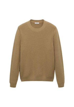 Beige gebreide trui met een ronde halslijn, geribde manchetten en zoom, met een gestructureerd patroon door de stof heen.