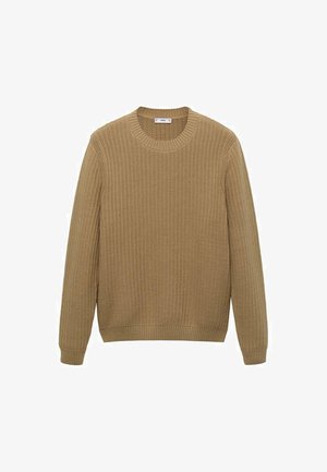 Beige pletený svetr s kulatým výstřihem, ribbovanými manžetami a lemem, s texturovaným vzorem po celém materiálu.