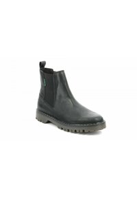 Black leather ankle boot with elastic side panels, rounded toe, and textured rubber sole featuring deep grooves for traction.