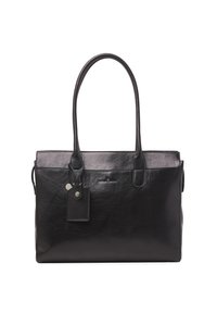Borsa a tracolla nera in pelle con due lunghe maniglie, forma rettangolare, superficie liscia e un piccolo tag rimovibile sul lato.