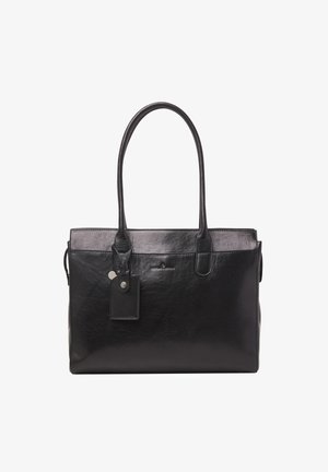 Schwarze Leder-Tote mit zwei langen Griffen, rechteckiger Form, glatter Oberfläche und einem kleinen abnehmbaren Anhänger an der Seite.