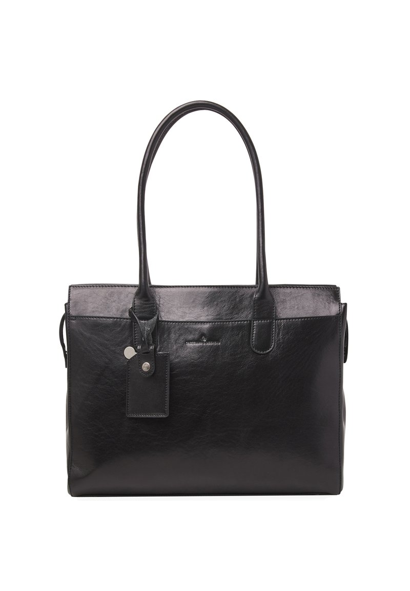 Borsa a tracolla nera in pelle con due lunghe maniglie, forma rettangolare, superficie liscia e un piccolo tag rimovibile sul lato.