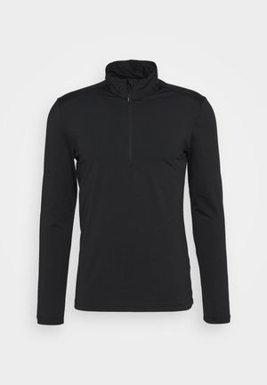 Svart långärmad tröja med hög krage och dragkedja i halsen. Slät textur, inga synliga mönster och minimalistisk design.