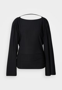 Must pikkade varrukatega top ümmarguse kaelusega, millel on õlgadel kogutud detailid ja vöökohal kortsud, mis annavad vormitud välimuse.