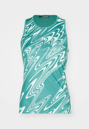 Teal linne med vit virvlande mönster. Tillverkad av slät tyg, har rund hals och är ärmlös design. Plattad fåll vid nederkant.