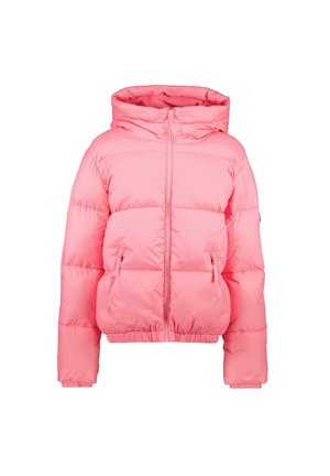 Roze pufferjack met een capuchon, ritssluiting en twee voorkruisen. Beschikt over een iets cropped ontwerp met elastiek aan de onderkant.