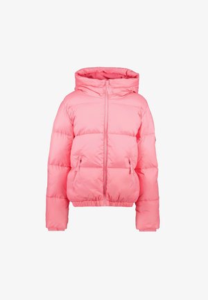 Roze pufferjack met een capuchon, ritssluiting en twee voorkruisen. Beschikt over een iets cropped ontwerp met elastiek aan de onderkant.