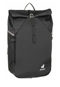 Zaino a sacca nero in tessuto resistente. Presenta una tracolla argentata, una tasca laterale con zip e un logo discreto nell'angolo inferiore.