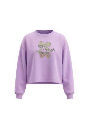 Lyserød/lilla sweatshirt med lange ærmer, ribkantsmanchetter og et skinnende palietdesign af kirsebær bundet med en sløjfe foran.