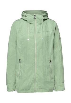 Veste zippée vert clair avec capuche, cordons ajustables et deux poches avant zippées, présentée sur un fond blanc.