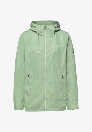 Giacca verde chiaro con zip, cappuccio, coulisse regolabili e due tasche frontali con zip, mostrata su sfondo bianco.