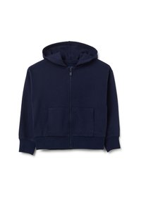 Sudadera con cremallera de color azul marino, hecha de una suave mezcla de algodón. Presenta una capucha, dos bolsillos frontales y puños y dobladillo acanalados.