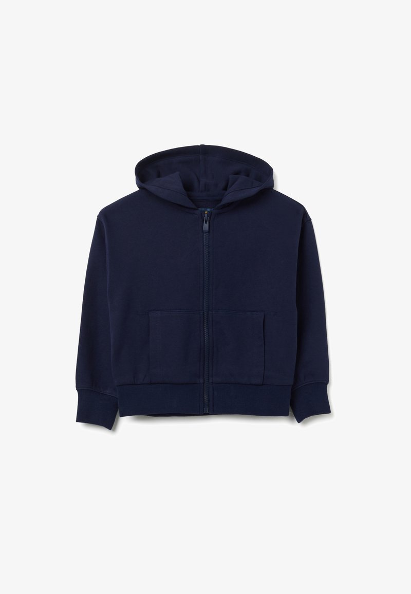 Haut à capuche zippé bleu marine en mélange de coton doux. Il est doté d'une capuche, de deux poches avant et de poignets et d'un ourlet côtelés.