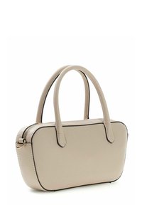 Beige synthetische Handtasche mit glatter Textur, abgerundeter Form, zwei kurzen Griffen und kontrastierendem schwarzen Rand. Reißverschlussverschluss.