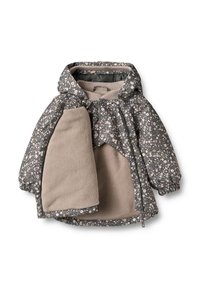 Huppupusero, jossa on tumma kukkakuvio, harmaata kangasta ja beige fleecelävytys. Varustettu joustavilla hihansuut ja edestä vetoketjulla.