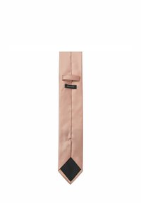 Cravat roz din satin cu un vârf ascuțit negru. Dispune de un buclă pentru securizare. Design simplu, textură netedă și lățime uniformă pe toată lungimea.