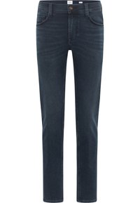 Sötétkék farmernadrág, slim fit szabású, öt zsebes dizájnnal, gombos záródással és enyhe kopással elöl. Enyhén keskenyített lábszárral.