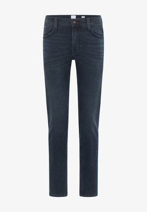 Jeans in denim blu scuro con una vestibilità slim, design a cinque tasche, chiusura con bottone e leggere sfumature sul davanti. Gamba leggermente affusolata.