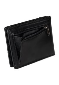 Black leather wallet with a smooth texture, featuring a zippered pocket and an external card slot. Compact, rectangular design.