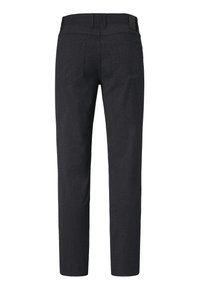 Dark gray trousers with a textured fabric, straight shape, and two back pockets. Features a belt loop and a branded tag at the waist.